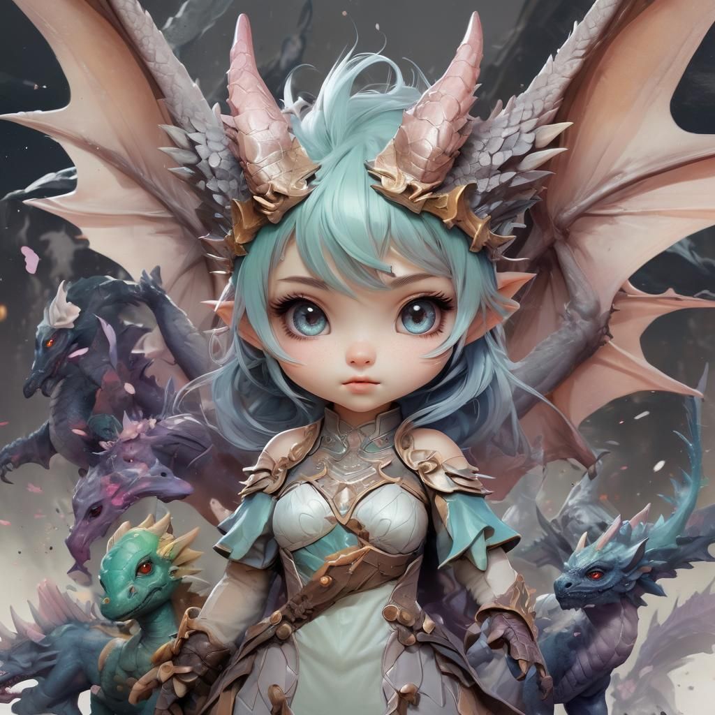 Chibi Dragon Girl in Watercolor Style