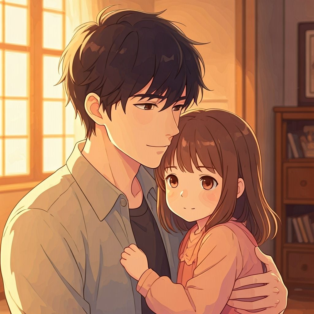 Heartwarming Anime Scene: Man Holds Girl in Gentle Embrace