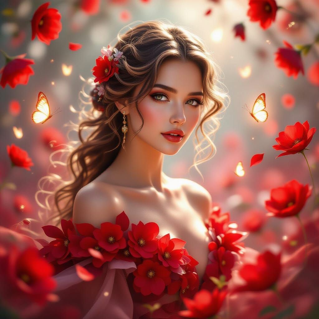 Ethereal Woman in Scarlet Petal Gown with Glowing Butterflie...