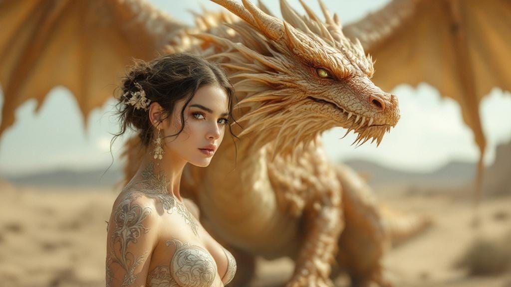Dragonrider Woman in Rococo Style with Colossal Dragon