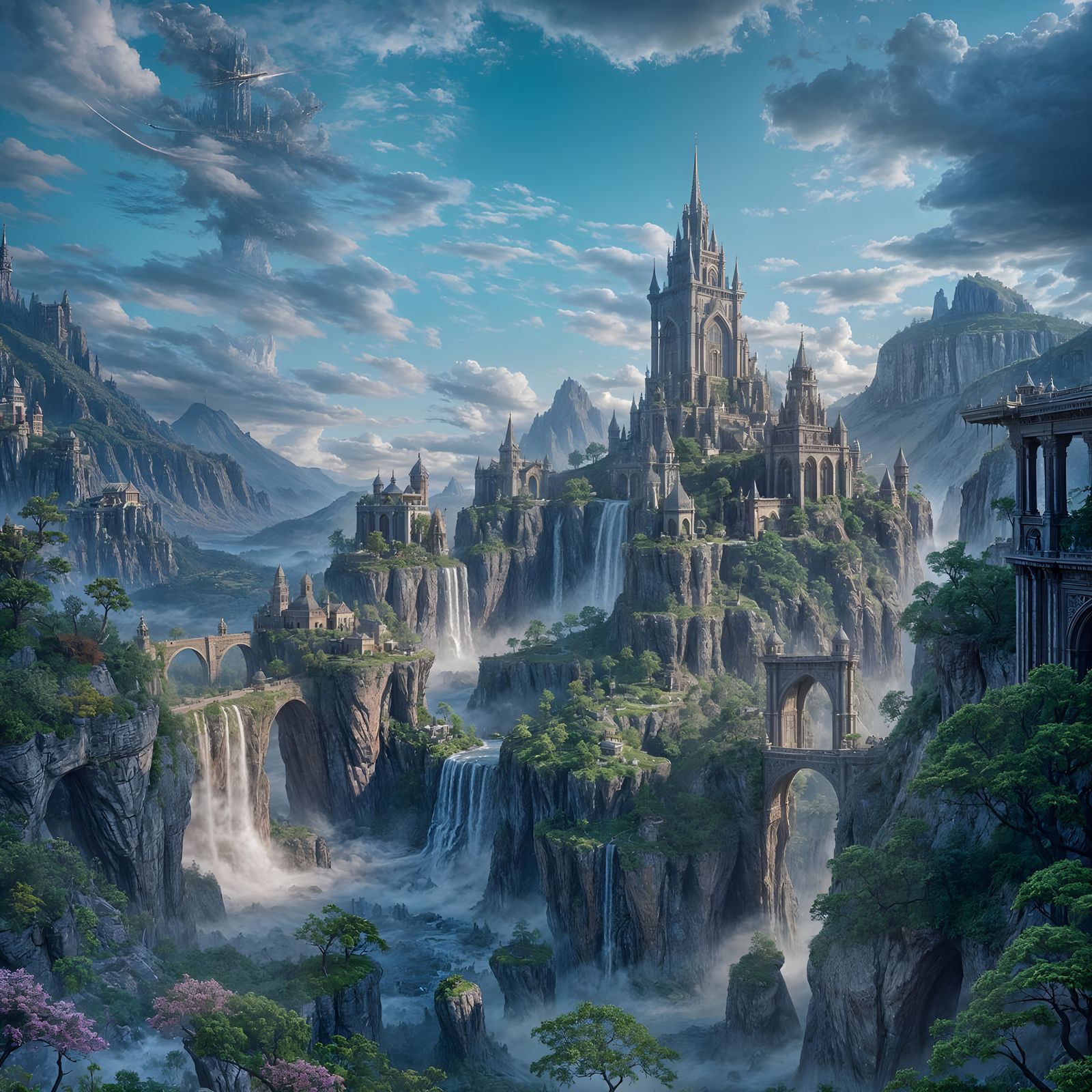 Enchanted Realm with Vibrant Waterfalls and Ancient Ruins