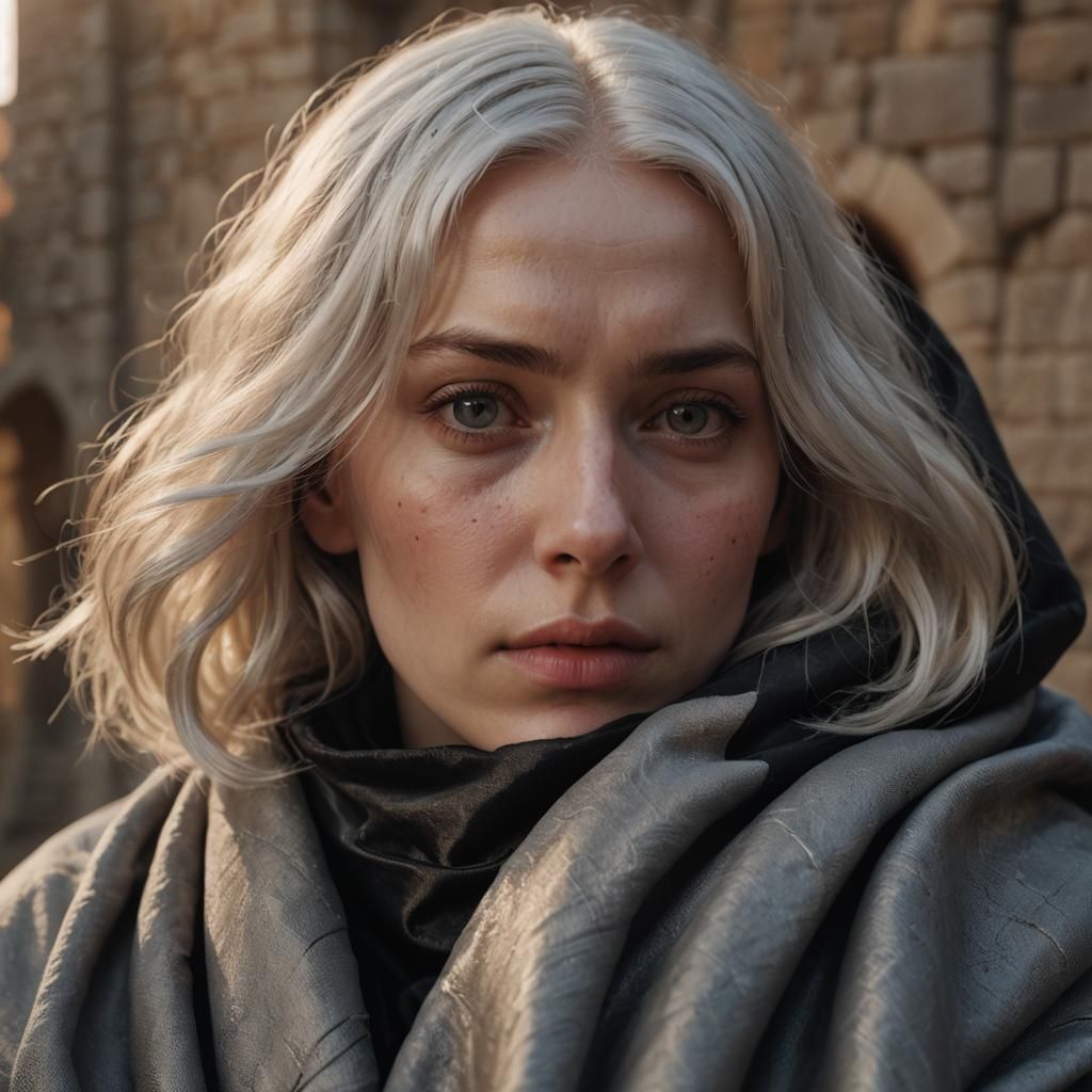 Platinum-Haired Woman in Medieval Castle Portrait