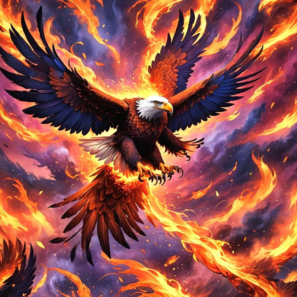 Fiery Eagle Soaring Through a Volcanic Sky