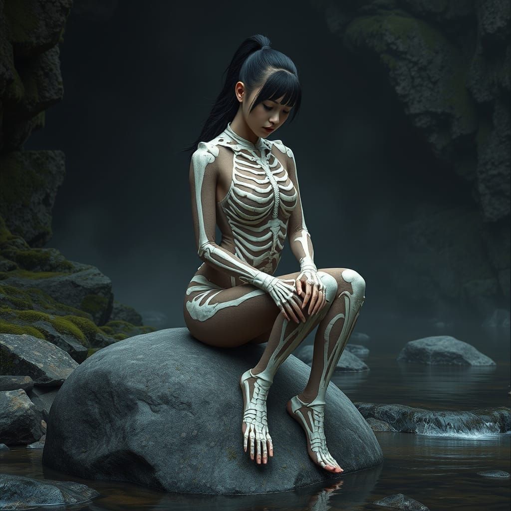 Skeletal Woman in Rocky Grotto, Photorealistic Style