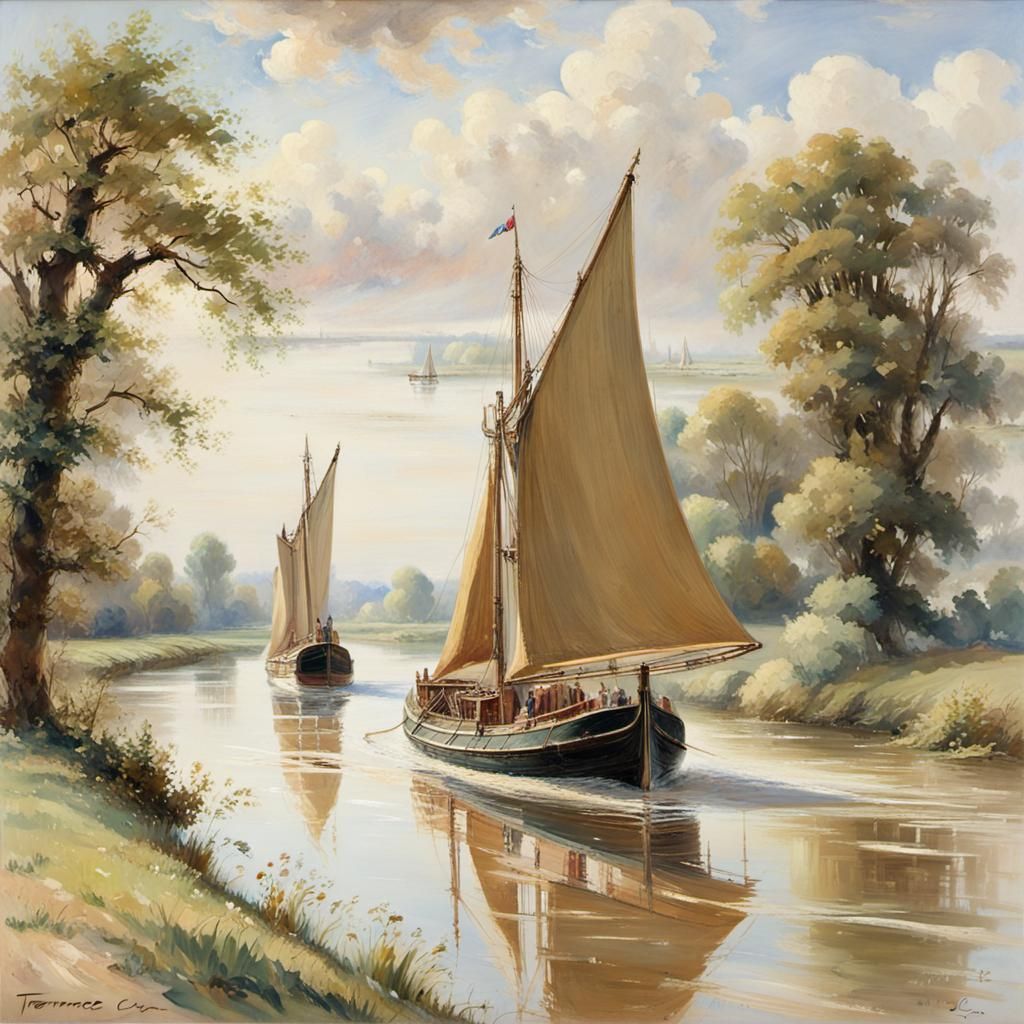 Idyllic River Scene with Thames Barge