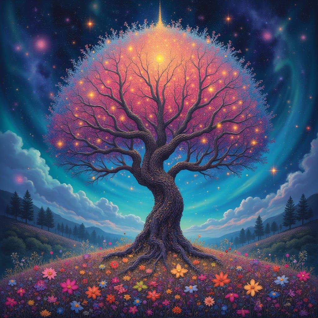 Surreal Cosmic Tree Blooms with Vibrant Astral Tendrils