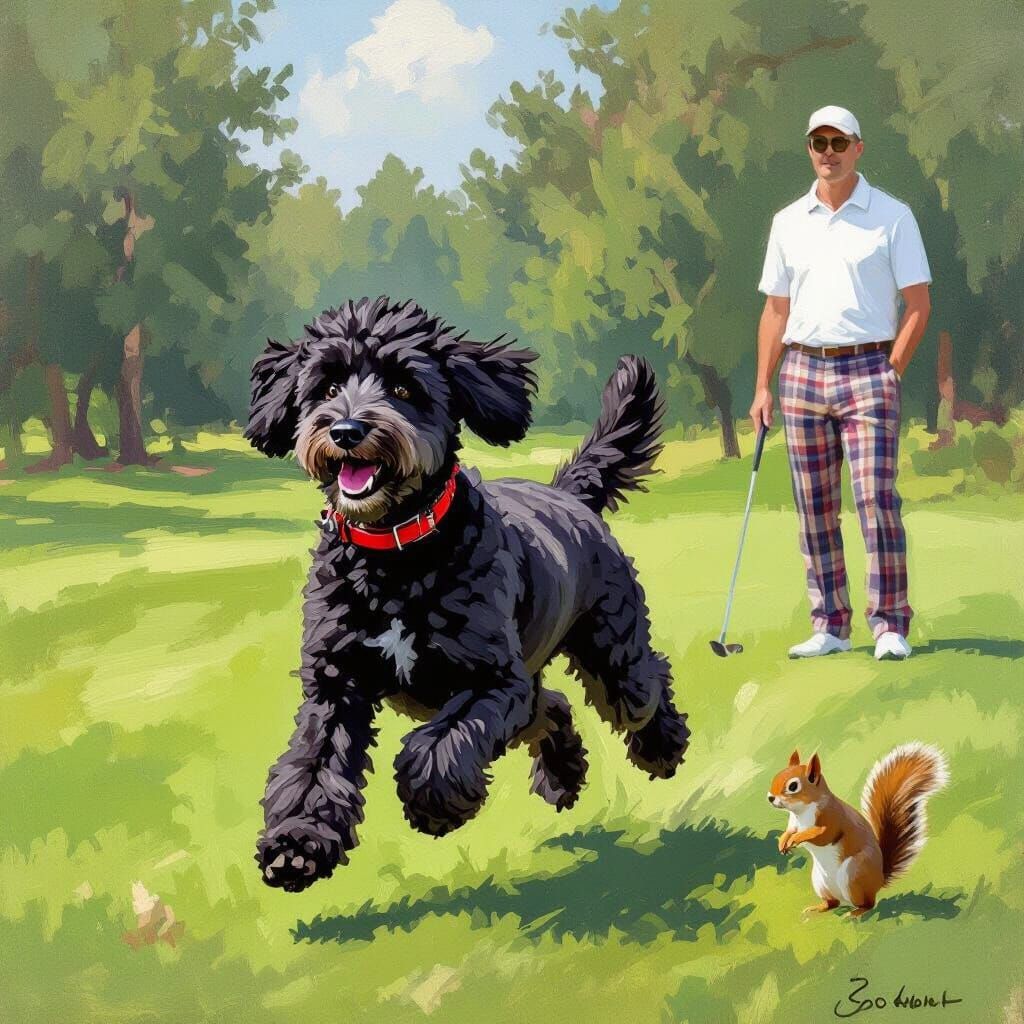 Dog Chasing Squirrel on Golf Course, Wildlife Art Style