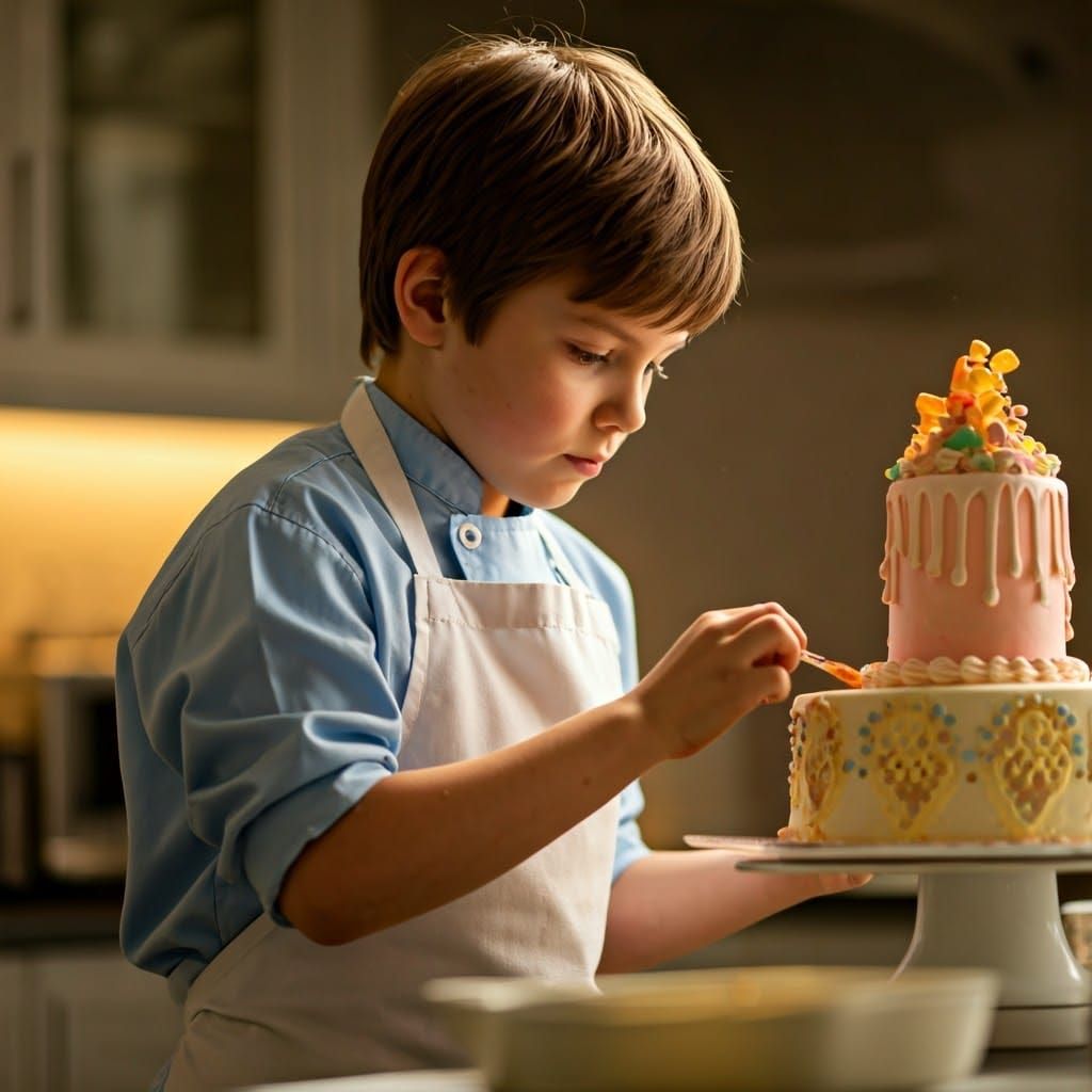 Young Baker Creates Cake in Bright Kitchen Portrait