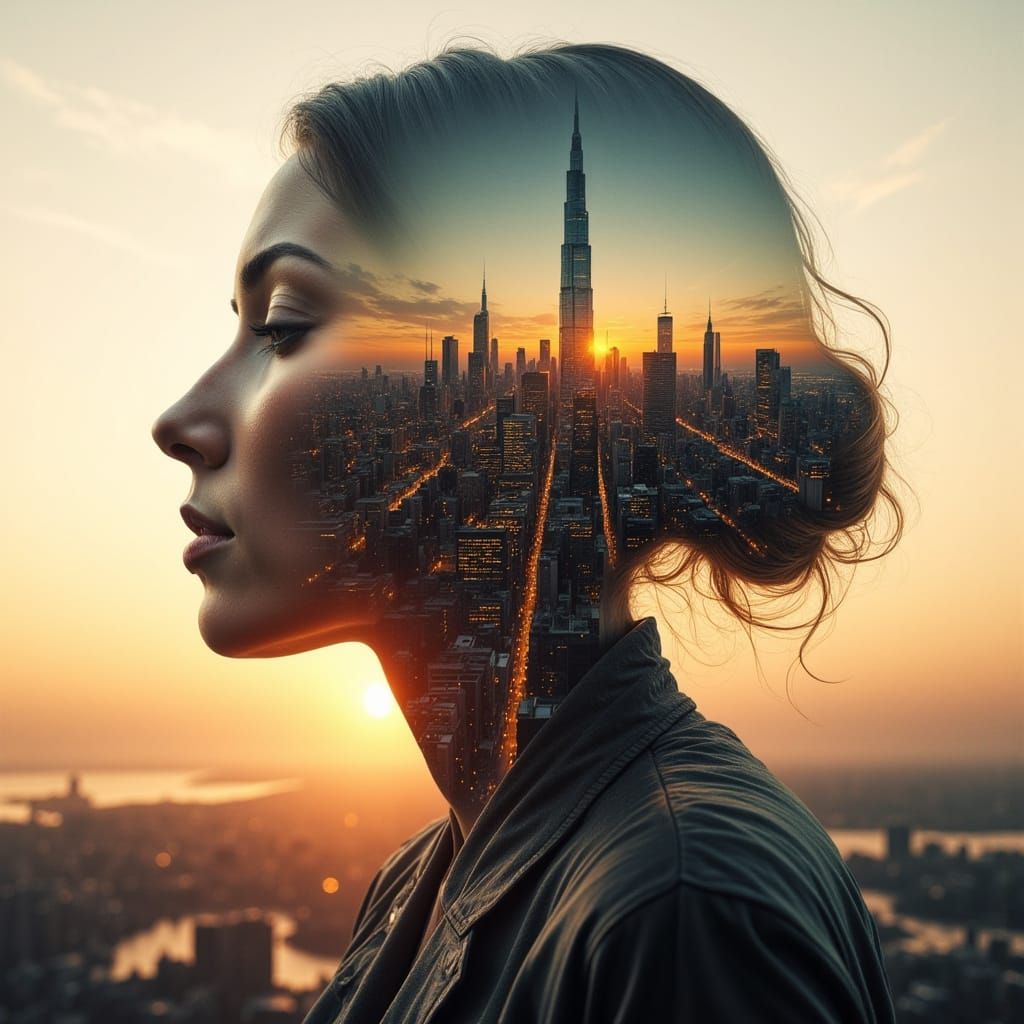 Woman's Hair Becomes City Skyline at Sunset