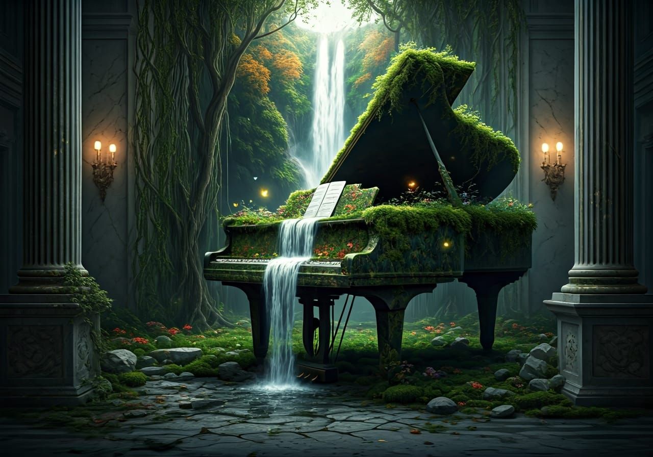 Waterfall Piano in Abandoned Ballroom: Digital Art