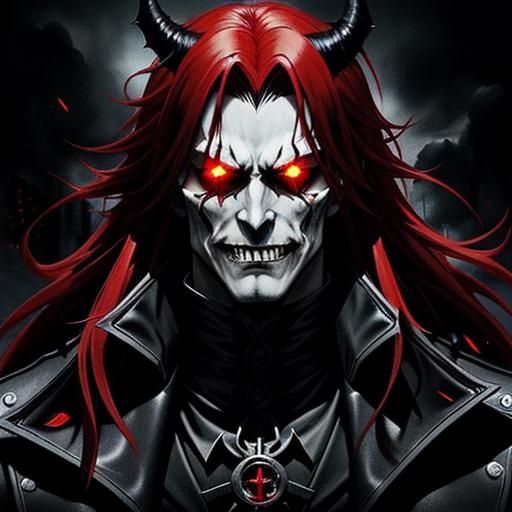 Ominous Anime Portrait of a Red-Haired Demon Villain