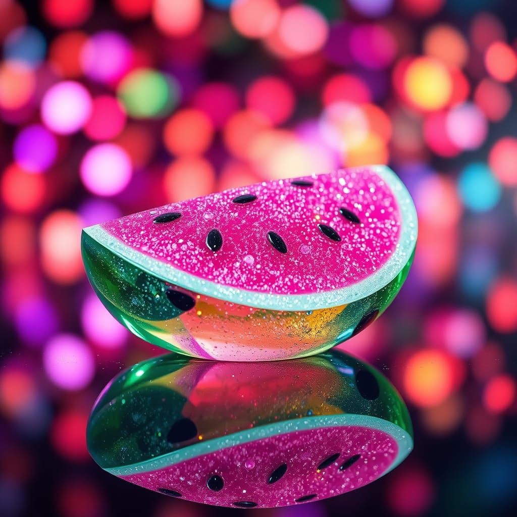 Crystal Watermelon Sculpture in Neon Light