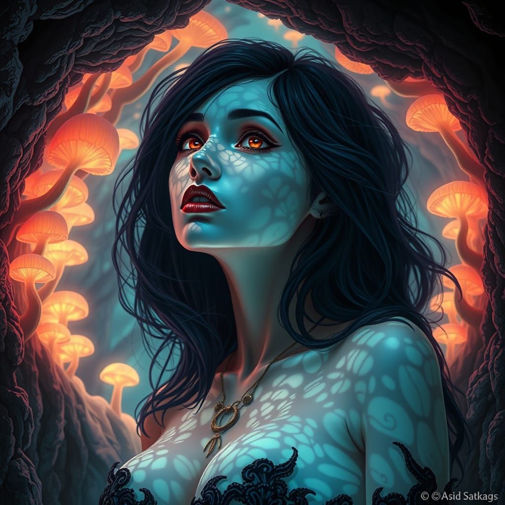 Gothic Woman Merges with Bioluminescent Cave Architecture