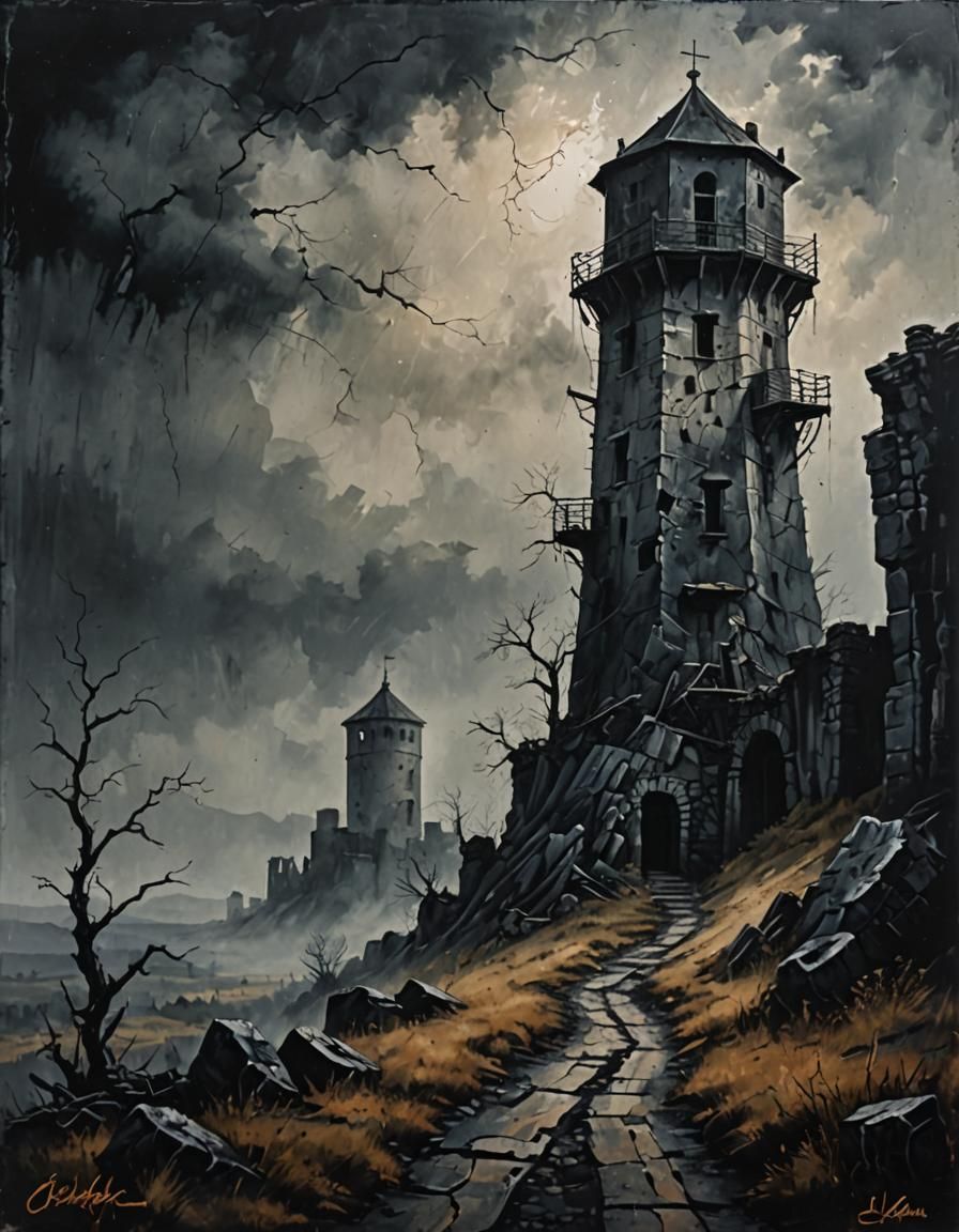 Noir Landscape with Watchtowers in Acrylic Style