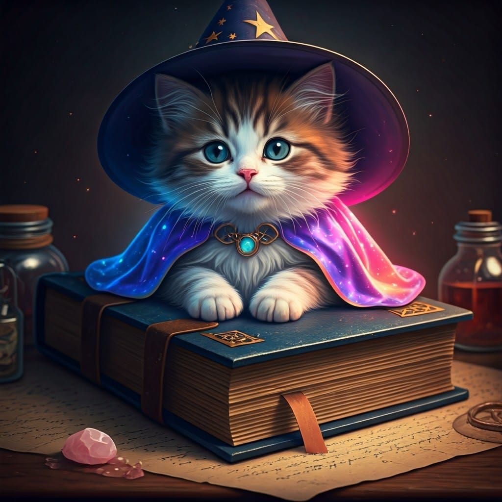 Kawaii Kitten Wizard on Ancient Book