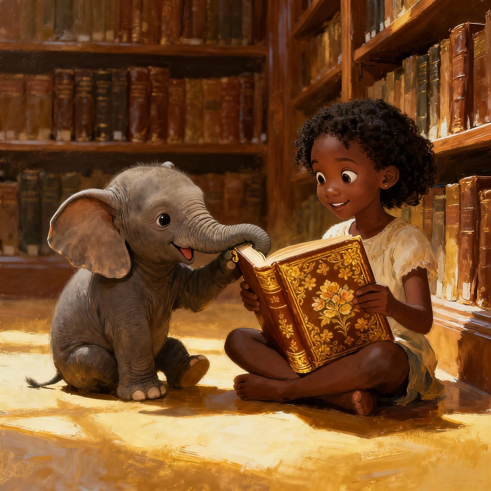 Girl and Elephant Tug-of-War in Sunlit Library