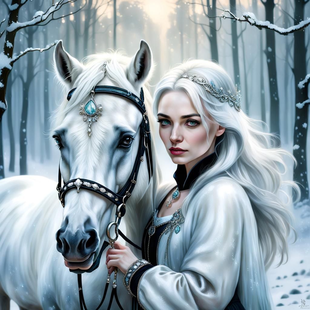 Woman with White Horse in Misty Forest