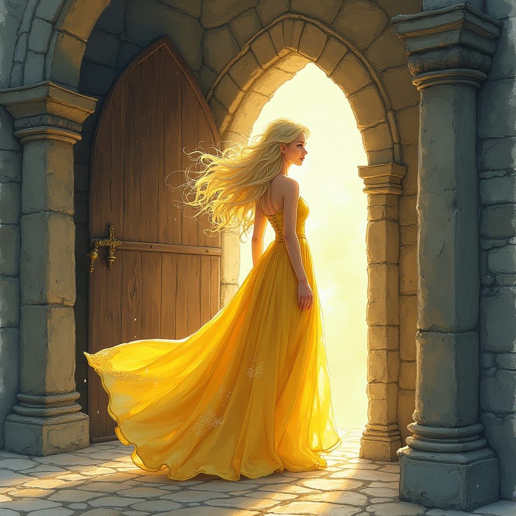 Medieval Blond Woman in Yellow Gown at Castle Doorway
