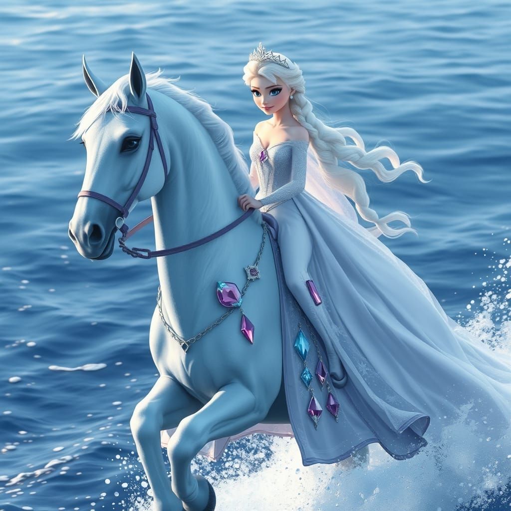 Elsa Rides Water Horse Across Ocean, Realistic Style