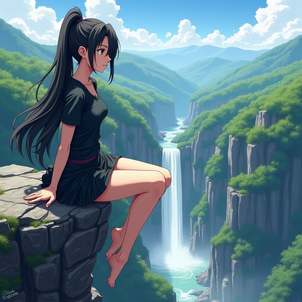 Anime Woman on Cliffside Overlook in Studio Trigger Style