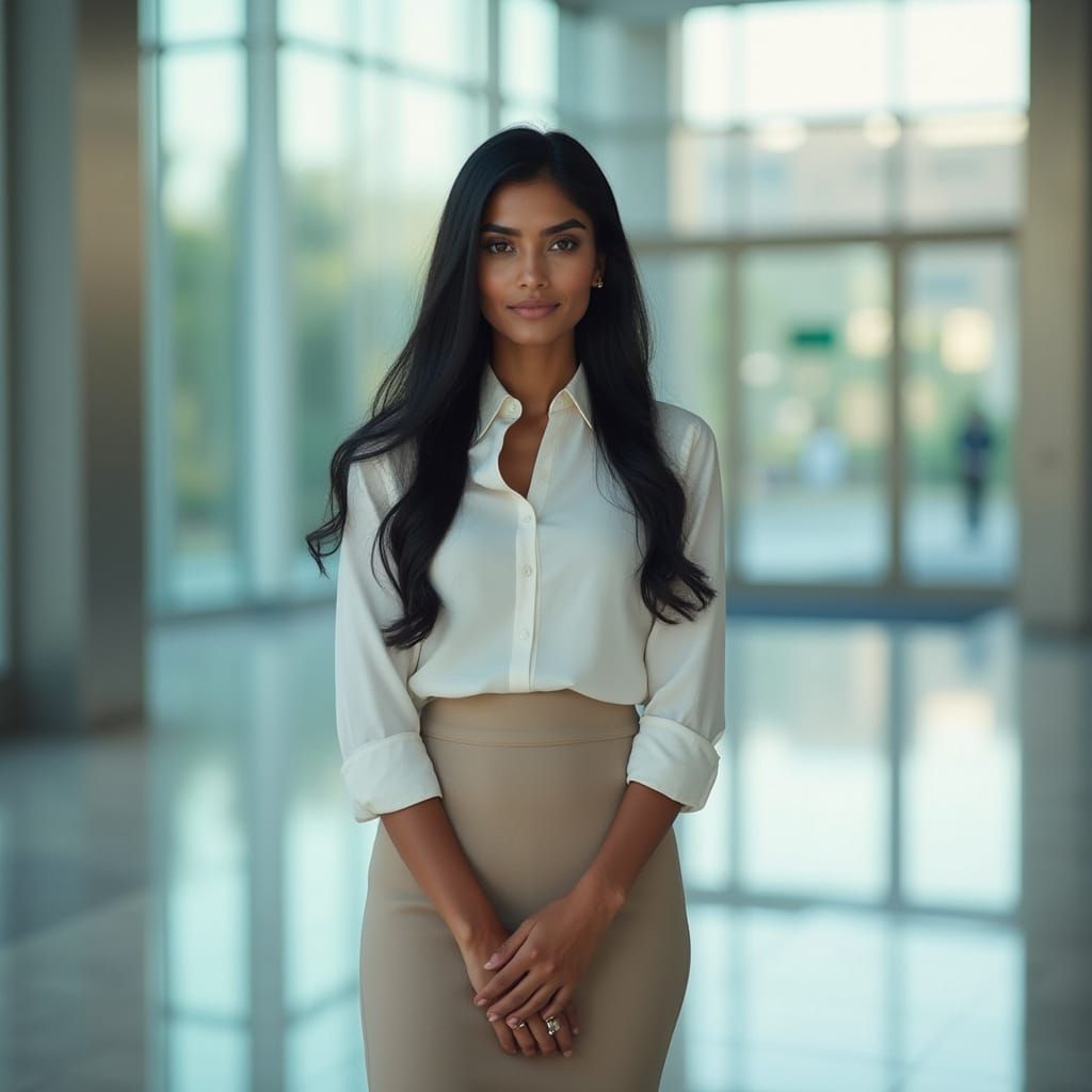 Professional Indian Woman in Modern Office Lobby