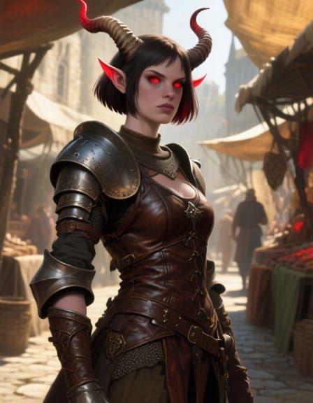 Tiefling Woman in Medieval Armor, Bob Hairstyle