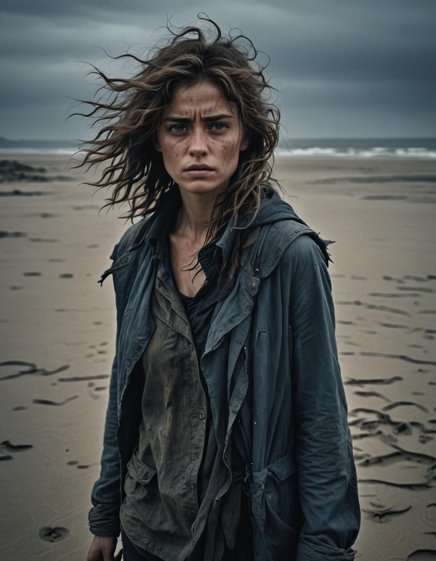 Defiant Woman on Desolate Beach in Film Noir