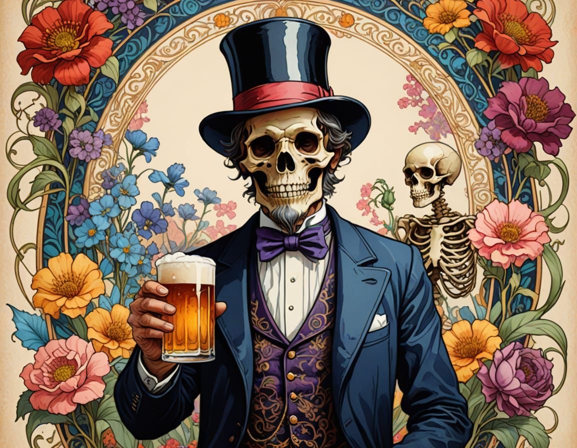 Art Nouveau Masterpiece: Whimsical Encounter with Beer