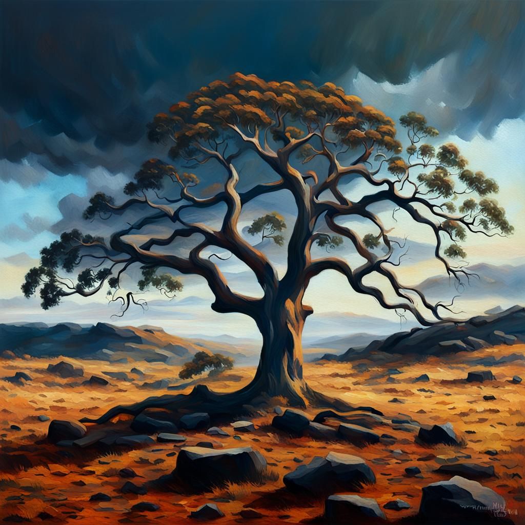 Lonely Oak Tree in Windswept Landscape
