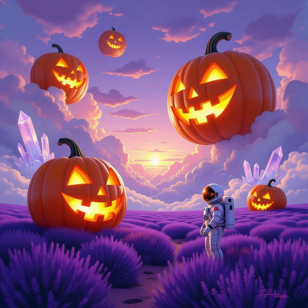 Astronaut in Floating Pumpkin Dreamscape as Impasto