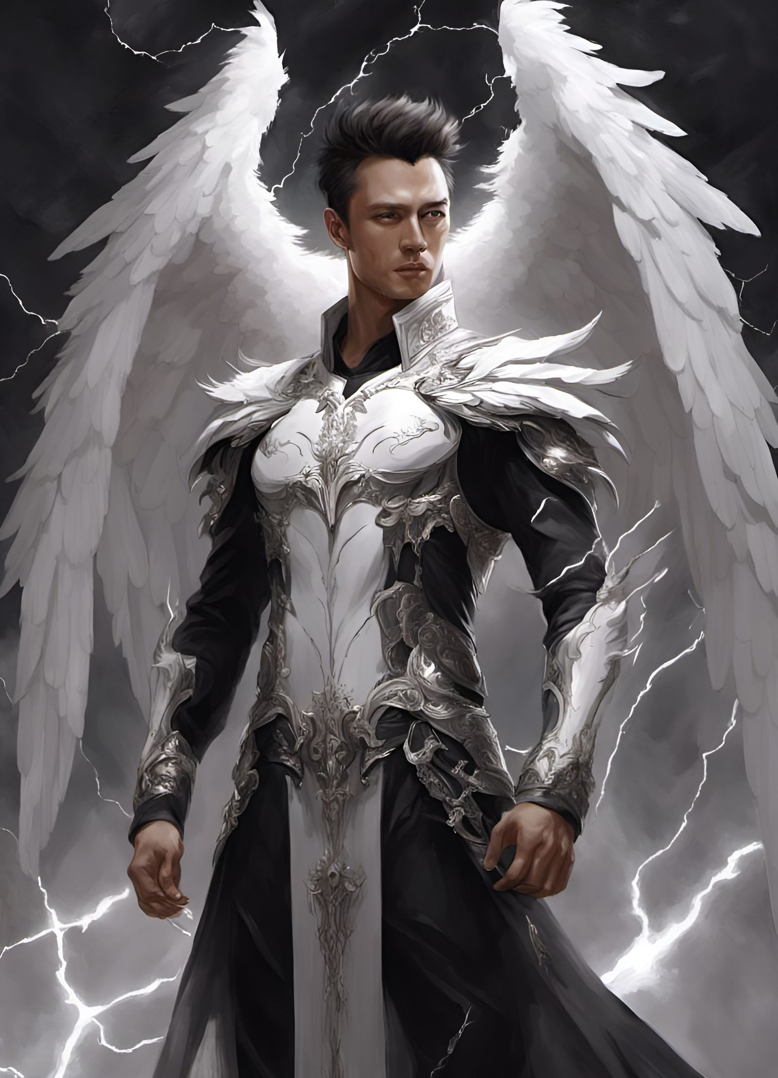 Handsome Archangel with White Wings in B&W Painting