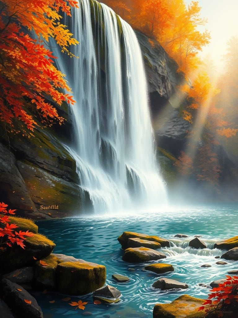 Majestic Autumn Waterfall in Ethereal Light