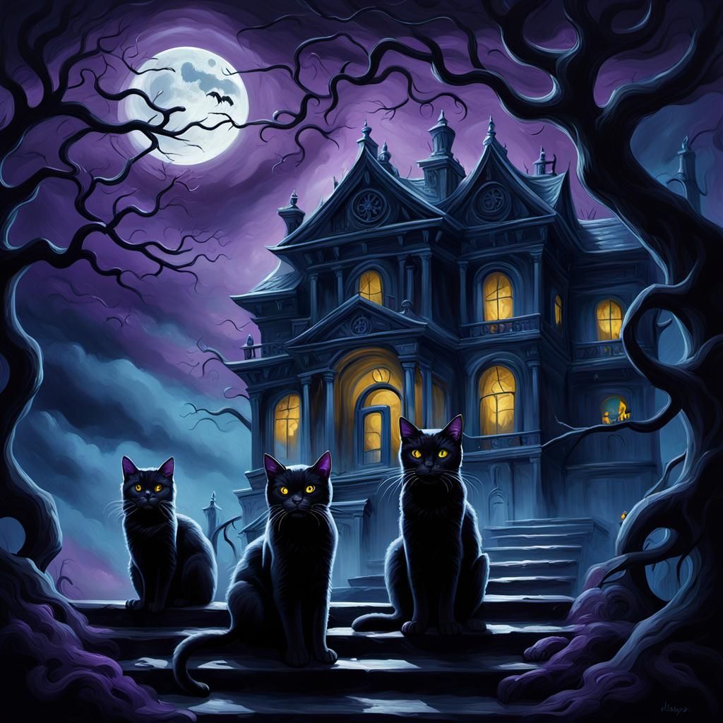 Three Black Cats at Midnight in Gothic Style