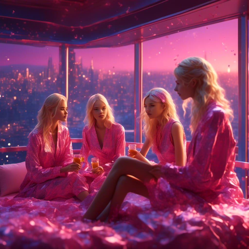 Anime Girls Chatting in Modern Bedroom, Hyperreal Style