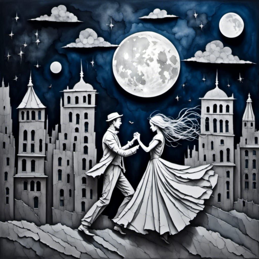 Romantic Couple Dancing Under Moonlight, Cut Paper Art