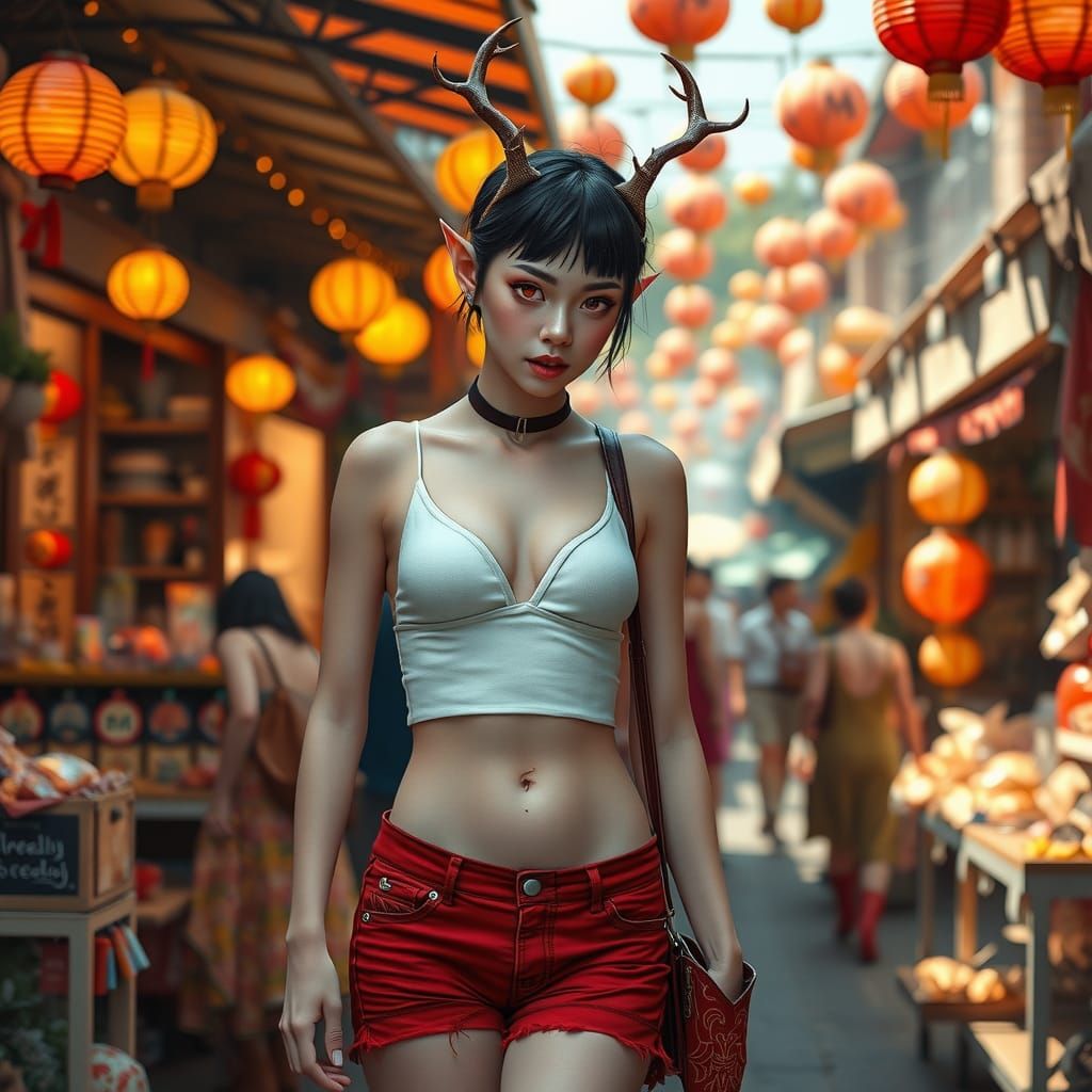 Ethereal Elf Shopping in Fantasy Market, Digital Art