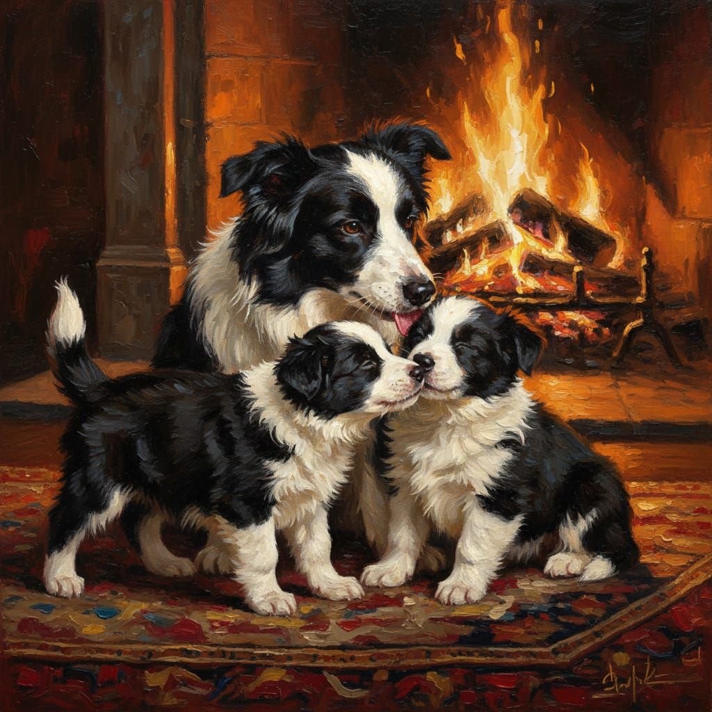 Border Collie Puppies Play Near Fireplace in Oil Painting St...