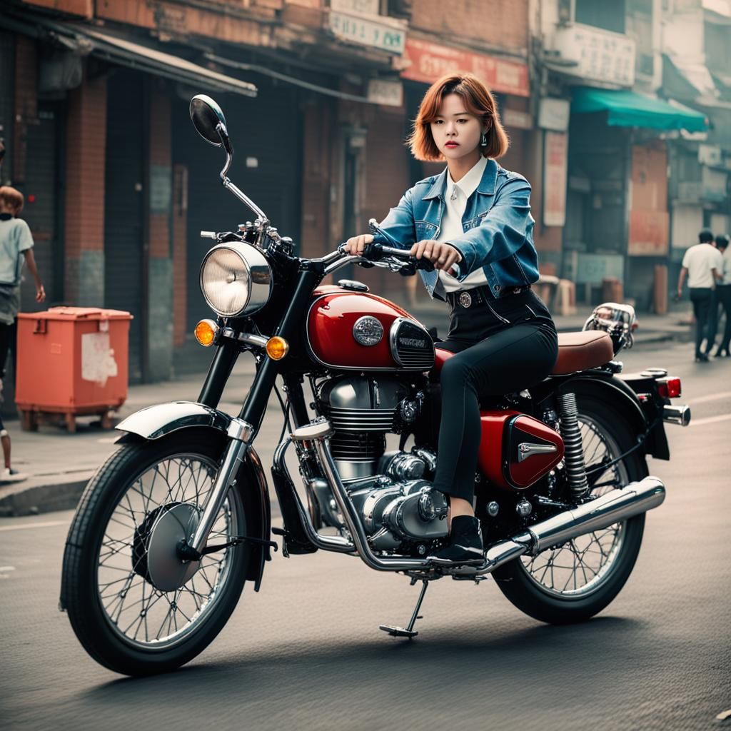 K-pop Star on Motorcycle: Cinematic Film Still