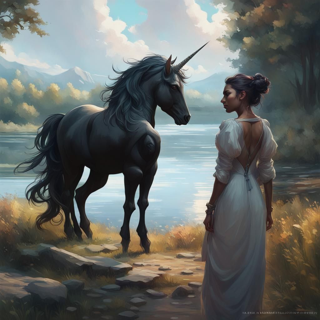 Majestic Black Unicorn Portrait by Lakeside