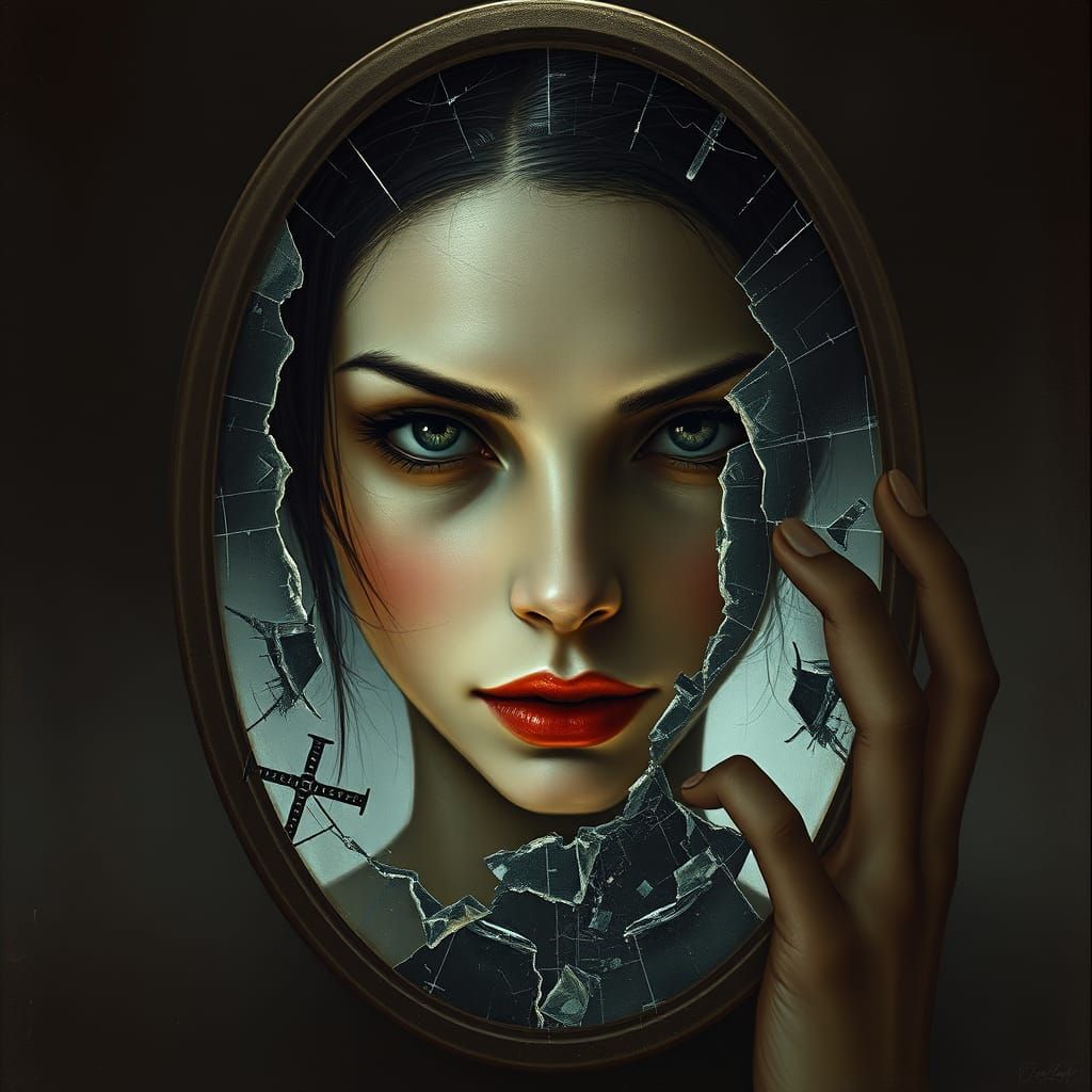A Woman's Shattered Reflection in a Dark Futuristic Scene