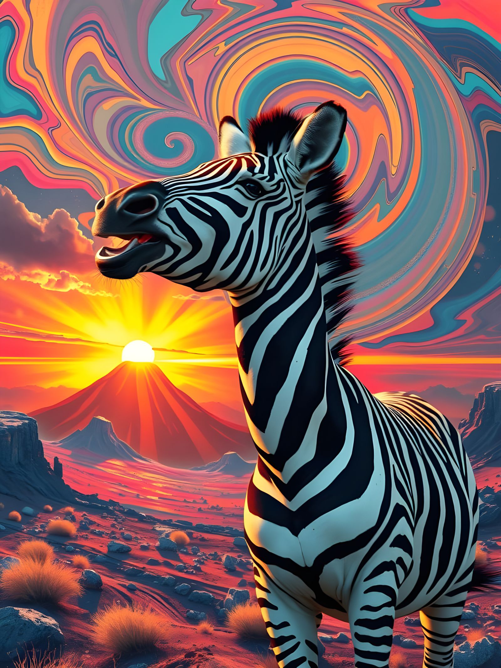Laughing Zebra near Volcano in Paint Splash Style