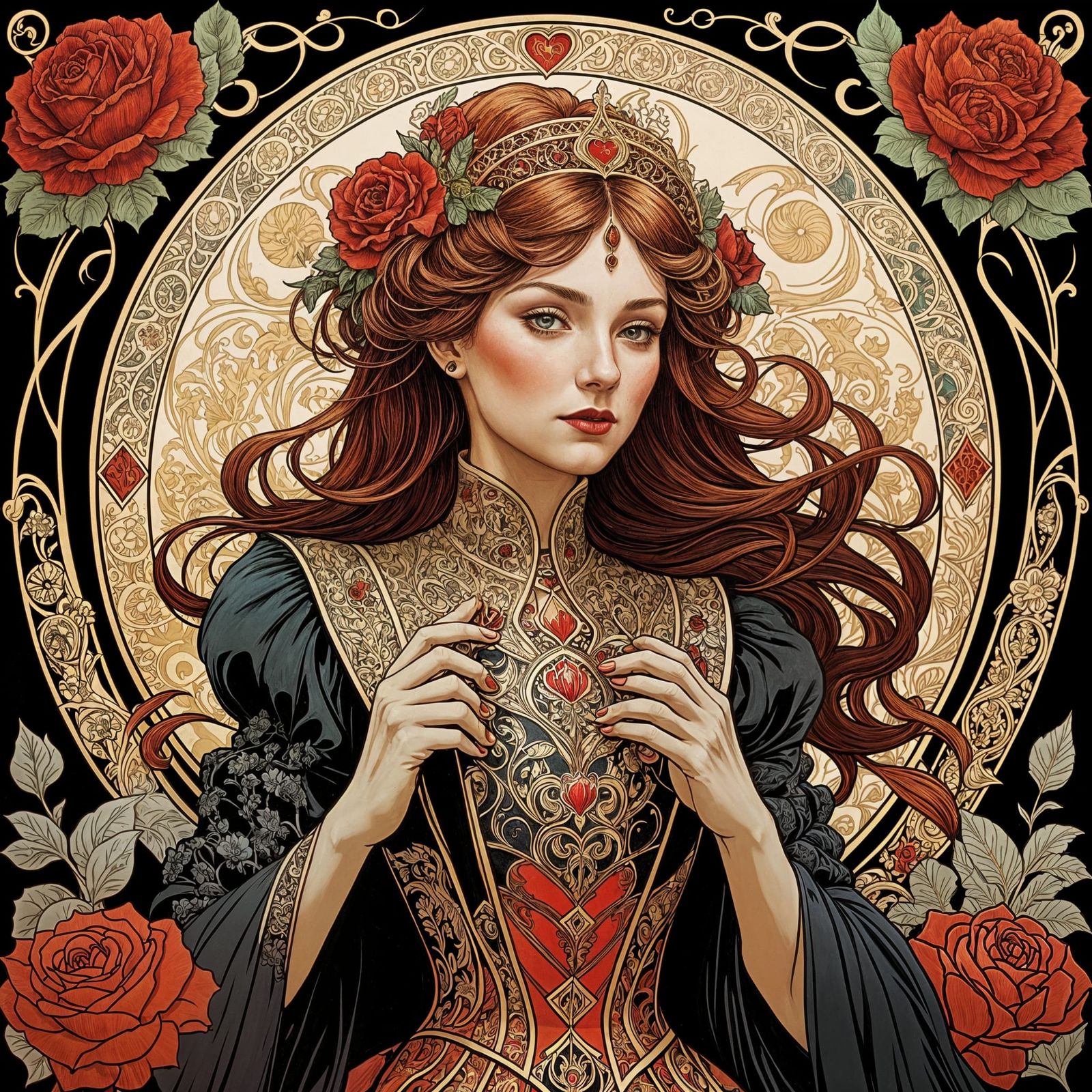 Art Nouveau Queen of Hearts Portrait with Roses and Castle