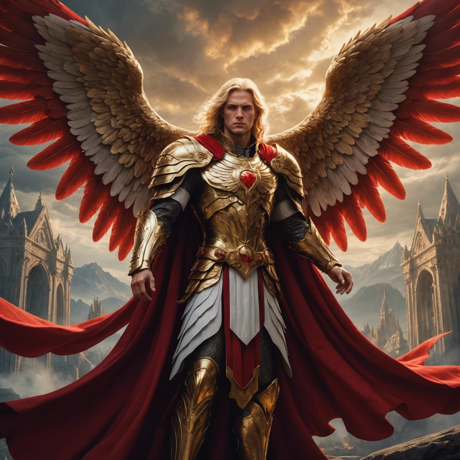 Archangel Uriel with Red and Gold Wings