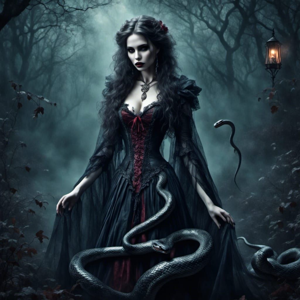 Vampire with Snake in Eerie Mist