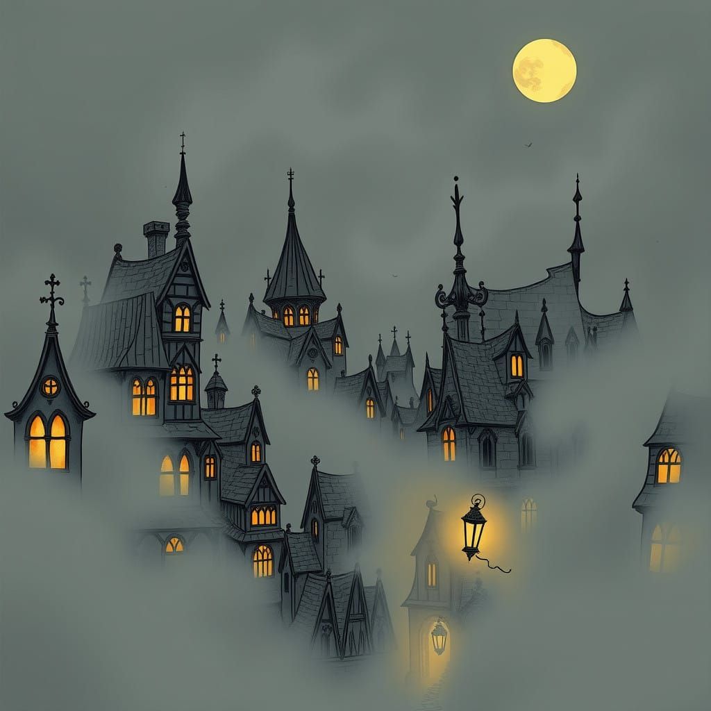 Medieval Cityscape in Eerie Fog, Whimsical and Unsettling