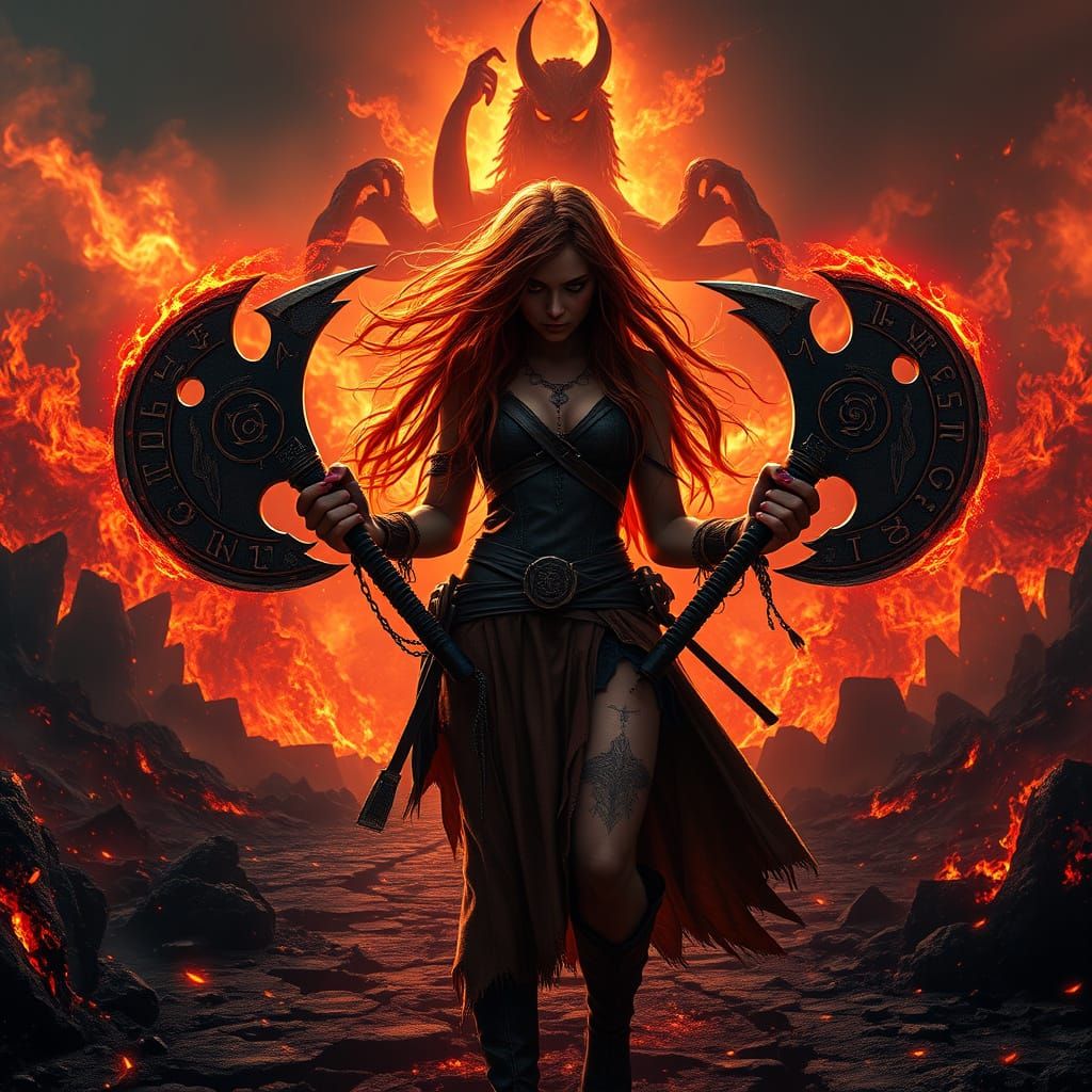 Cyberpunk Huntress Ignites Inferno with Twin Axes