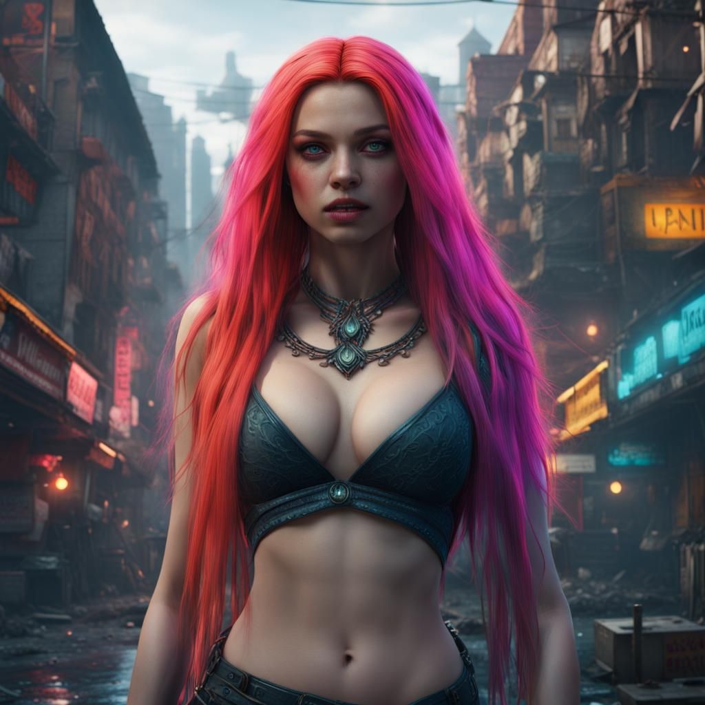 Neon Haired Woman in City: Detailed Matte Painting