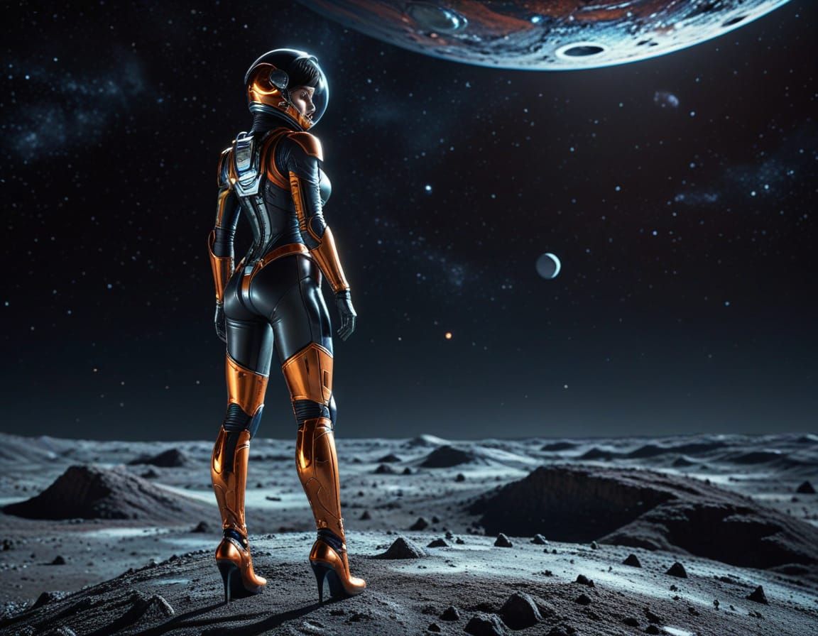 Retrofuturistic Space Goddess on a Cosmic Moon