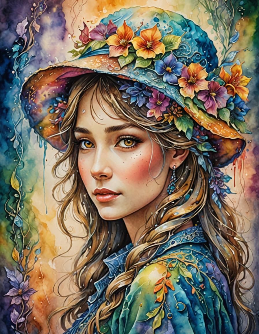 Girl in Hat Watercolor Painting with Colorwash