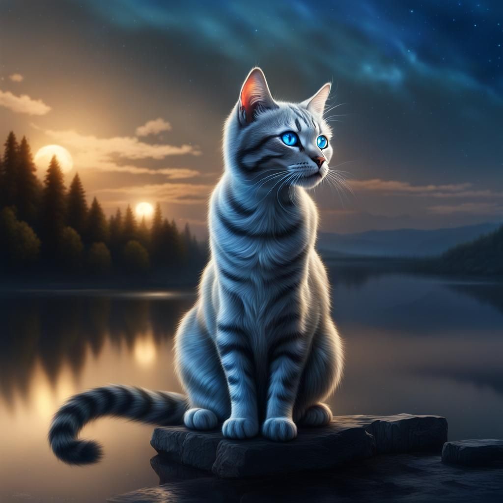 Silver Tabby Cat with Blue Eyes by Lake